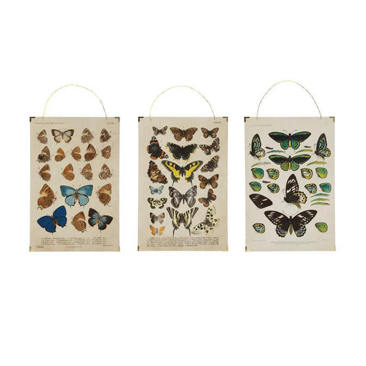 MDF and Paper Wall Decor with Vintage Reproduction Butterflies and Wire Hanger