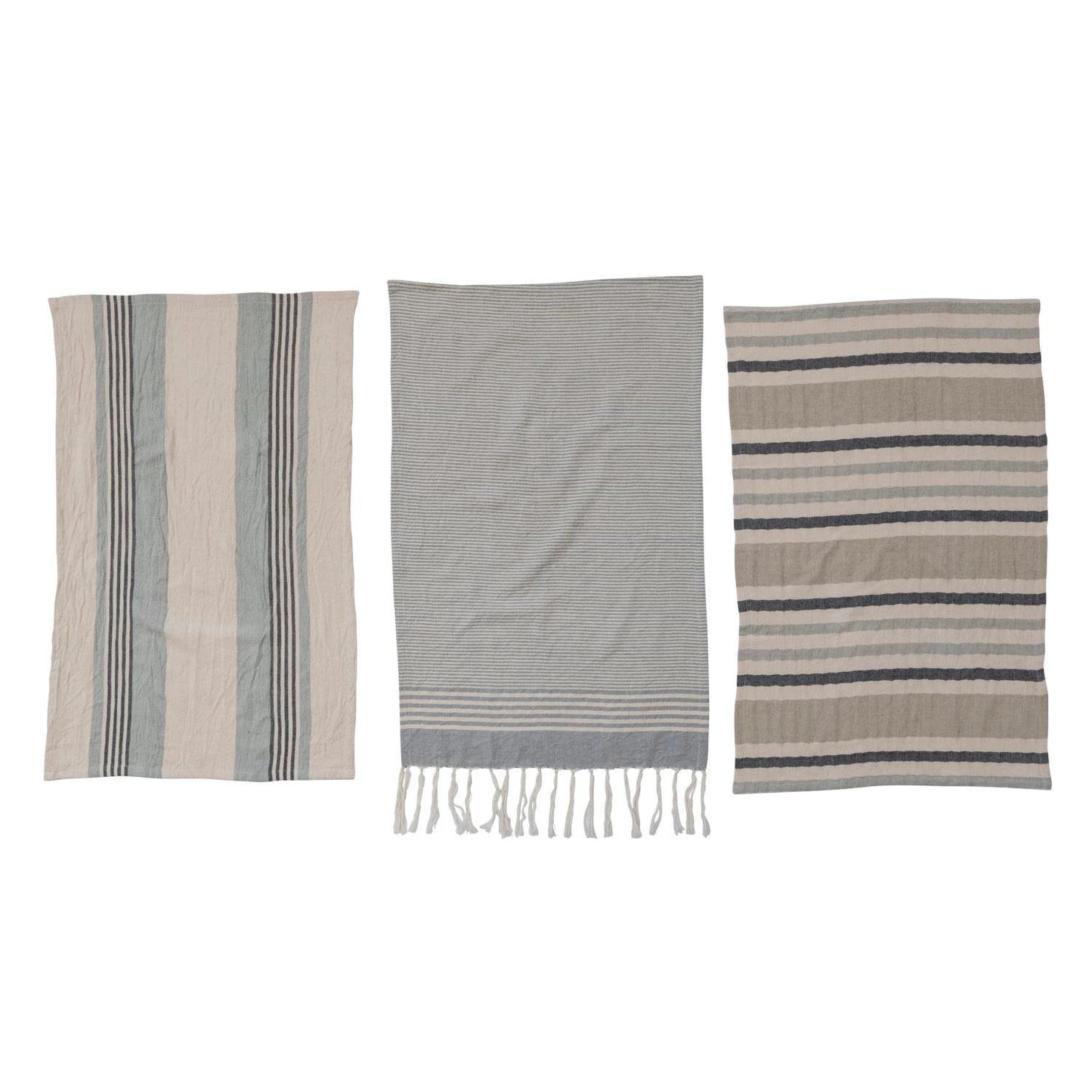 Woven Cotton Tea Towels with Stripes, Jute & Wood Bead Tie