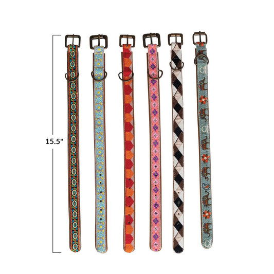 Cotton & Leather Dog Collar with Embroidery & Metal Buckle