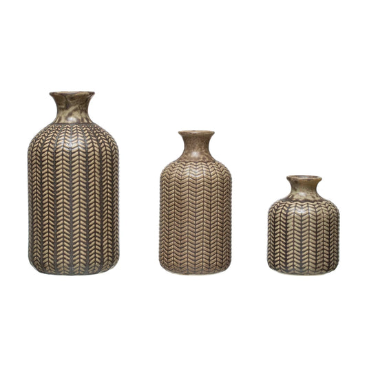Stoneware Vase Olive Green - Set Of 3